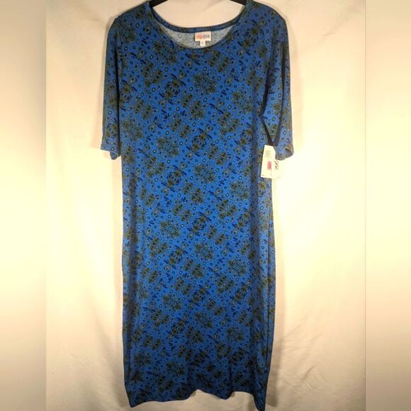 New With Tags LuLaRoe Julia Midi Blue Dress W/Yellow & Green Pattern Size Large - Picture 1 of 8